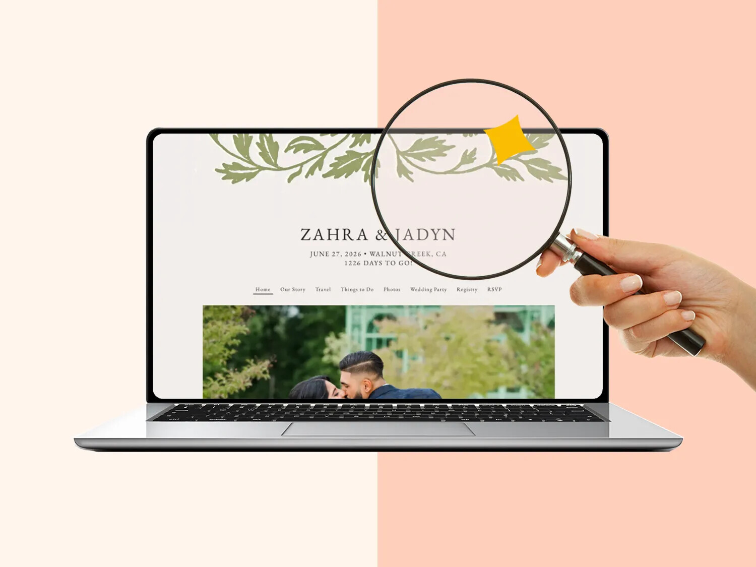 The Knot wedding website displayed on laptop with personalised couple details and navigation menu.