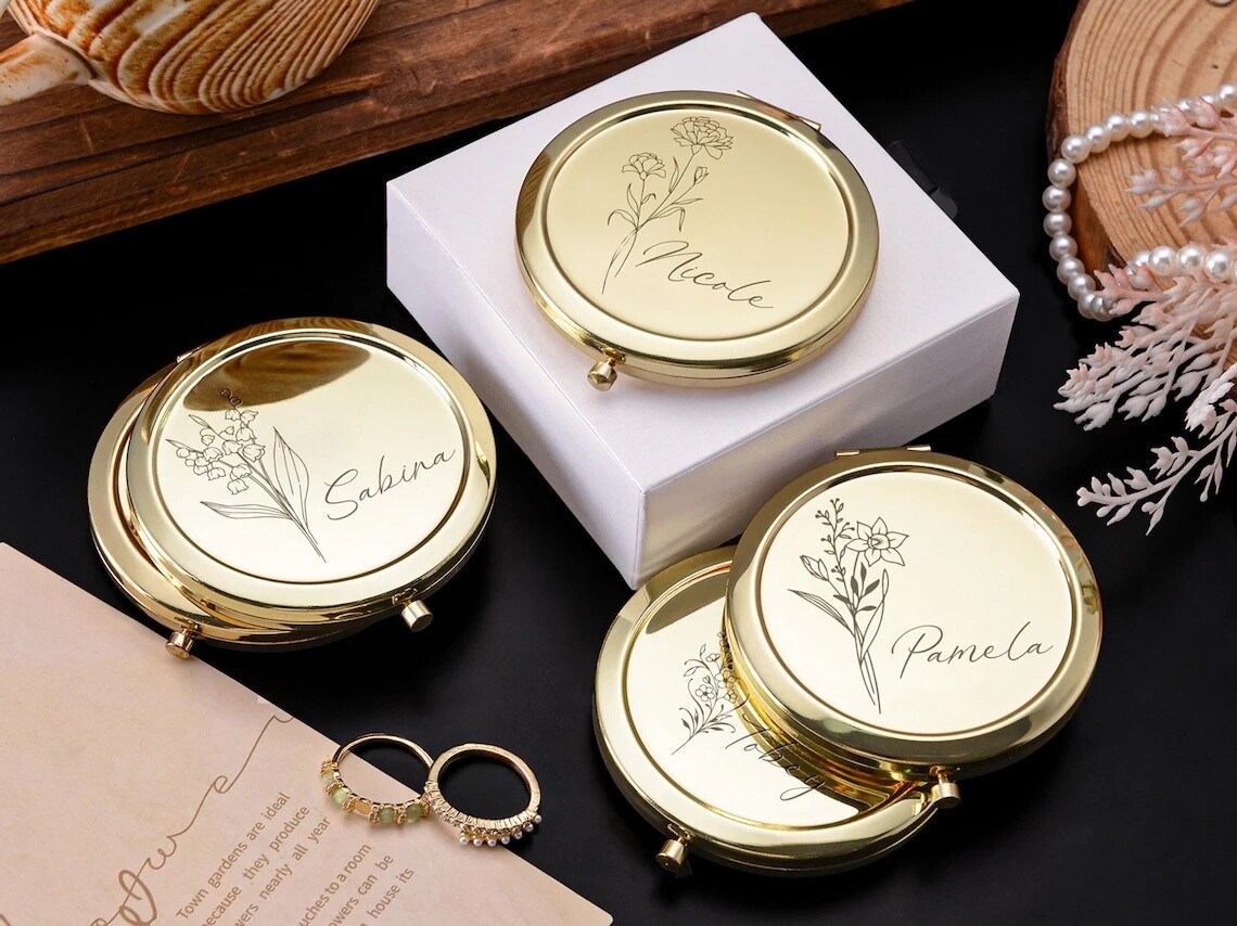 engraved compact mirror for bridesmaid gift