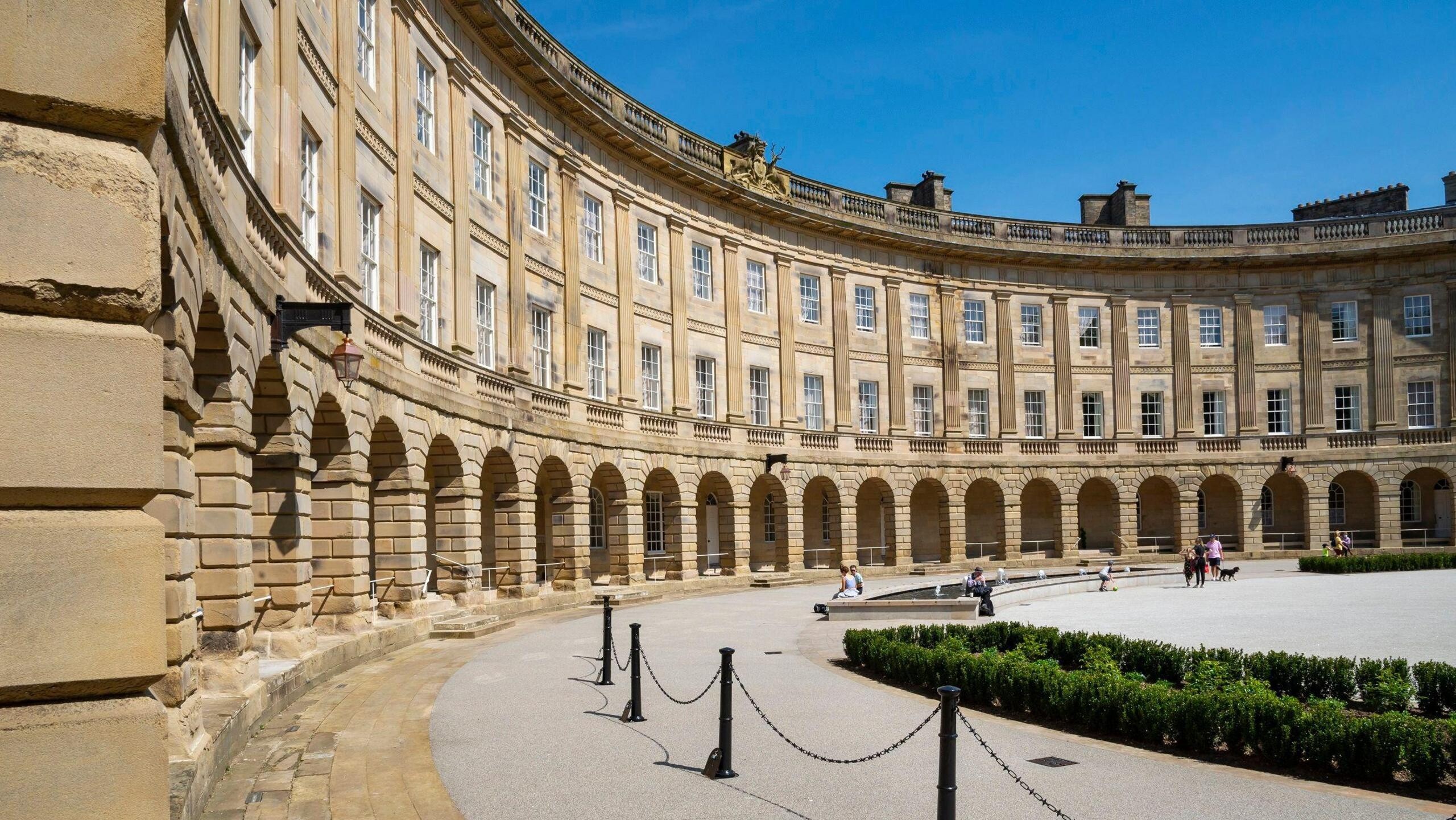 Ensana Buxton Crescent in Derbyshire, featuring the landmark curved Georgian façade, arched colonnade and central courtyard.