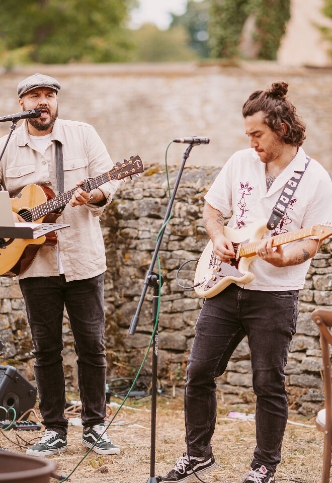 band playing during wedding cocktail hour