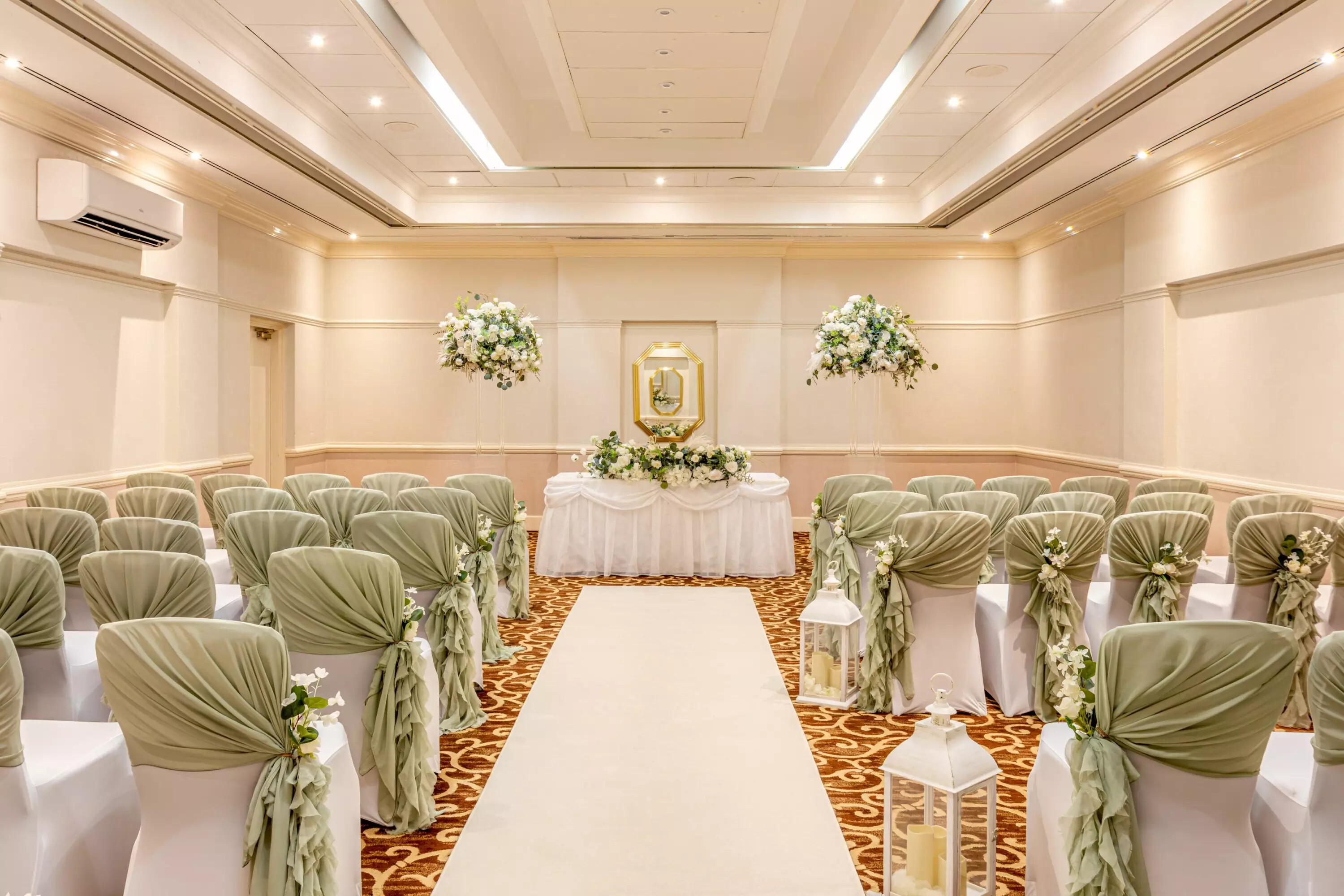 Interior of the Bromsgrove Hotel set for wedding ceremony