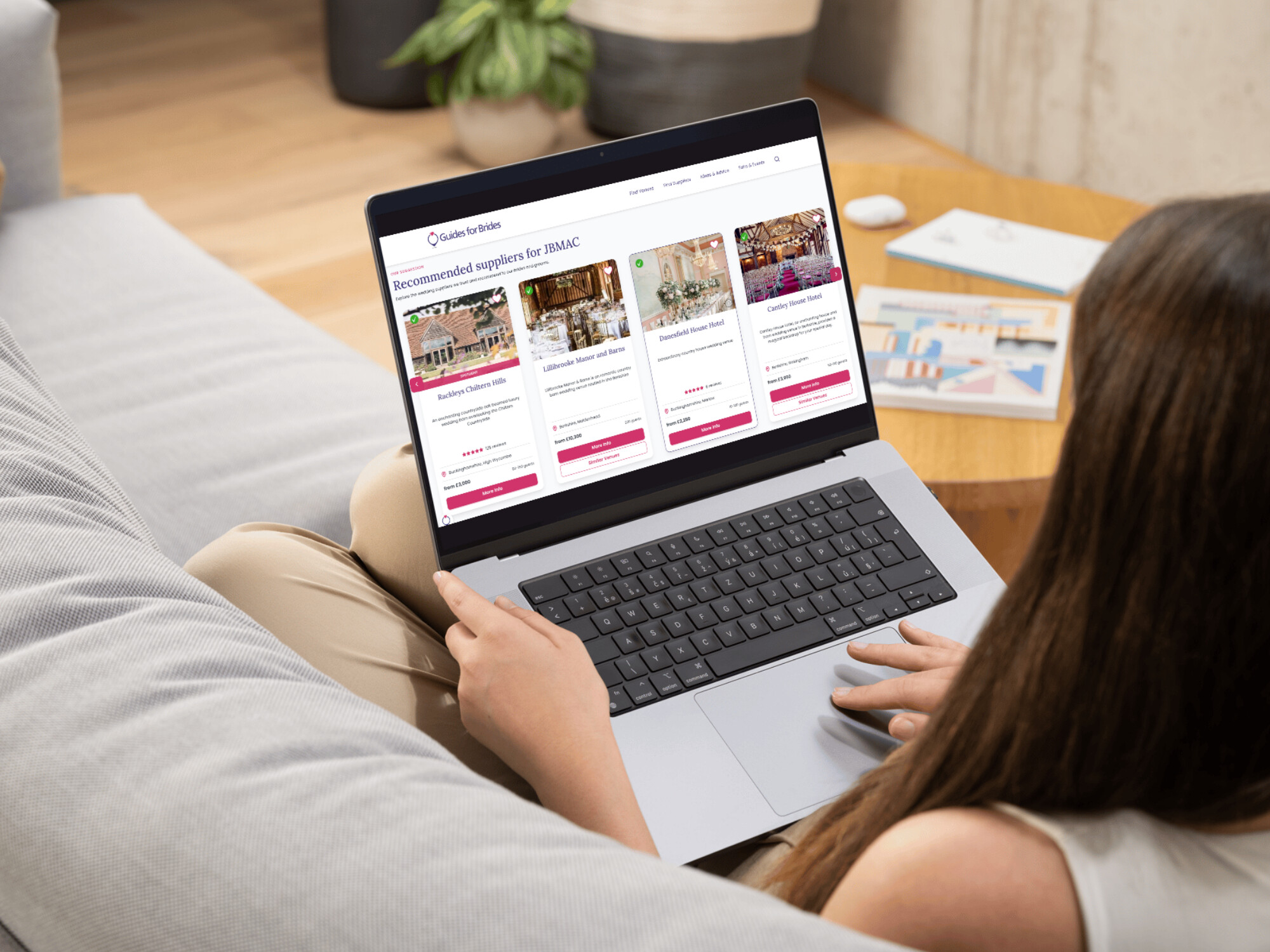 Bride using laptop to look at Recommended Suppliers on Guides for Brides listing
