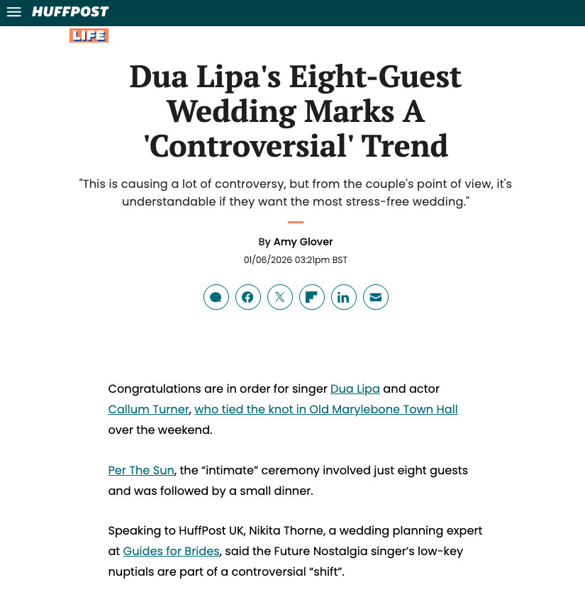 Screenshot of HuffPost UK Article titled "Dua Lipas Eight-Guest Wedding Marks A Controversial Trend"