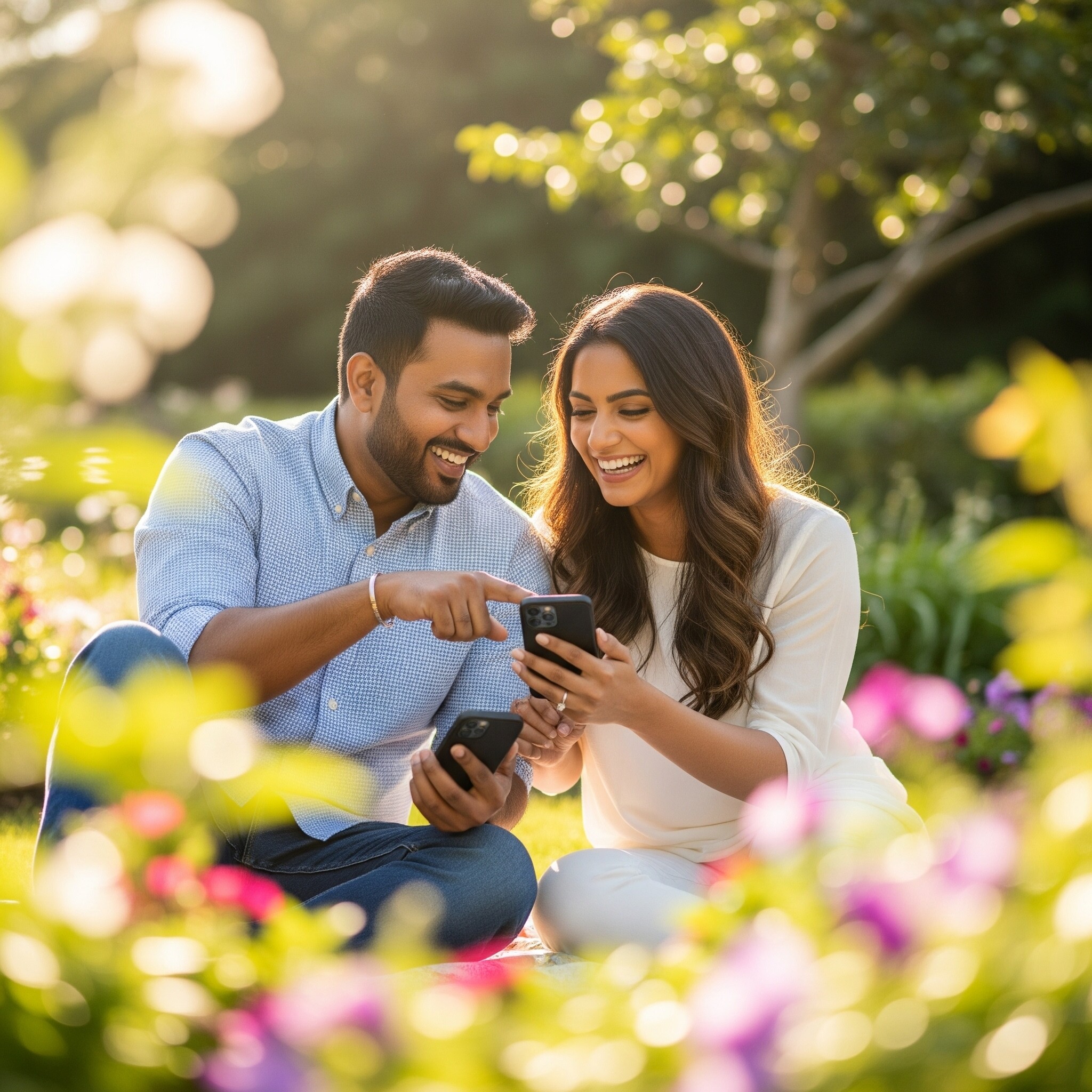 Couple showing each other things on their phones