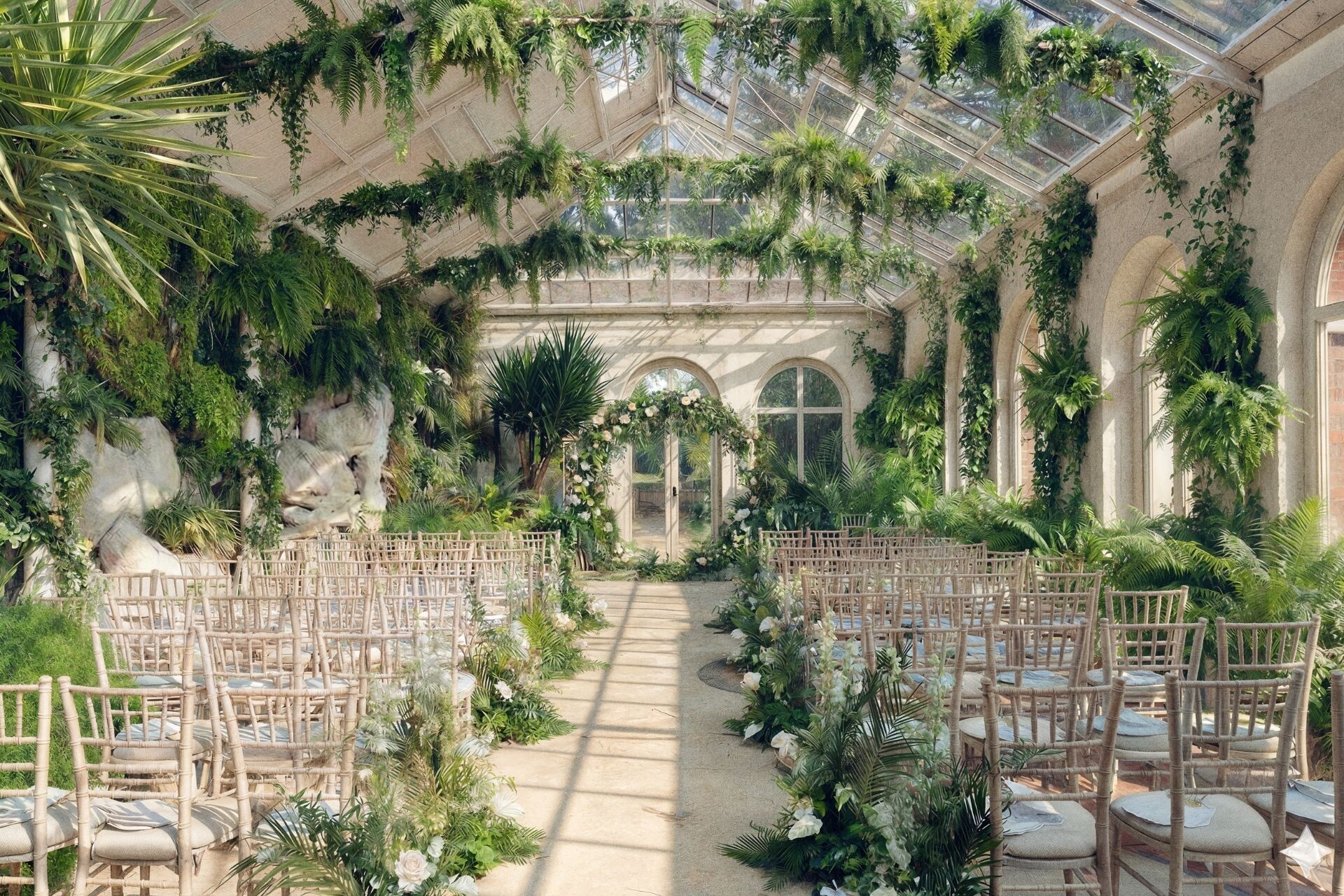 Botanical Glasshouse wedding ceremony space at Duke’s Yard at Ashridge House with tropical greenery and natural light