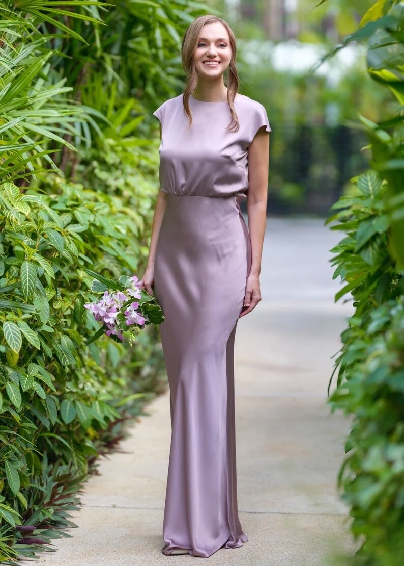 Taupe silk slip bridesmaid maxi dress for a spring wedding