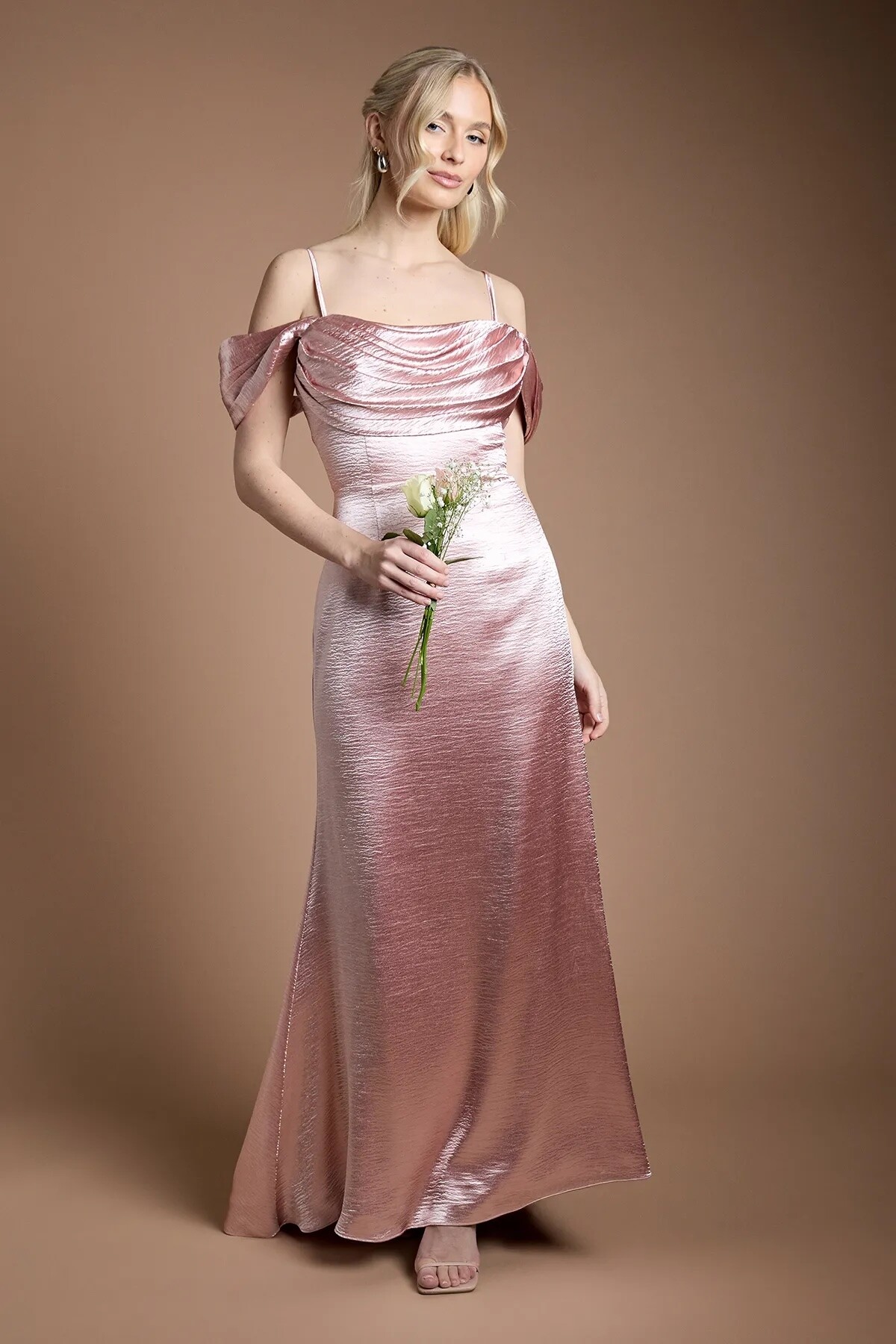 Champagne satin cowl neck bridesmaid maxi dress for a spring wedding