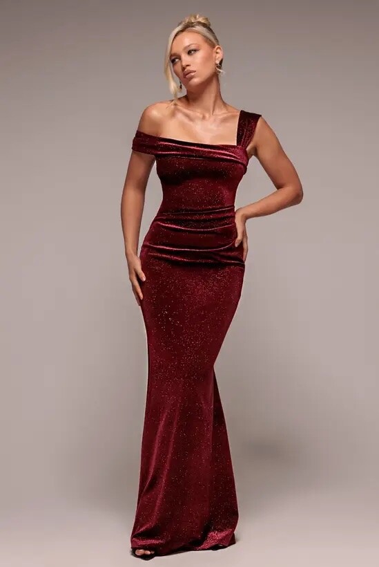 wine velvet one shoulder bridesmaid dress with glitter polka dot detail and full length skirt for winter wedding