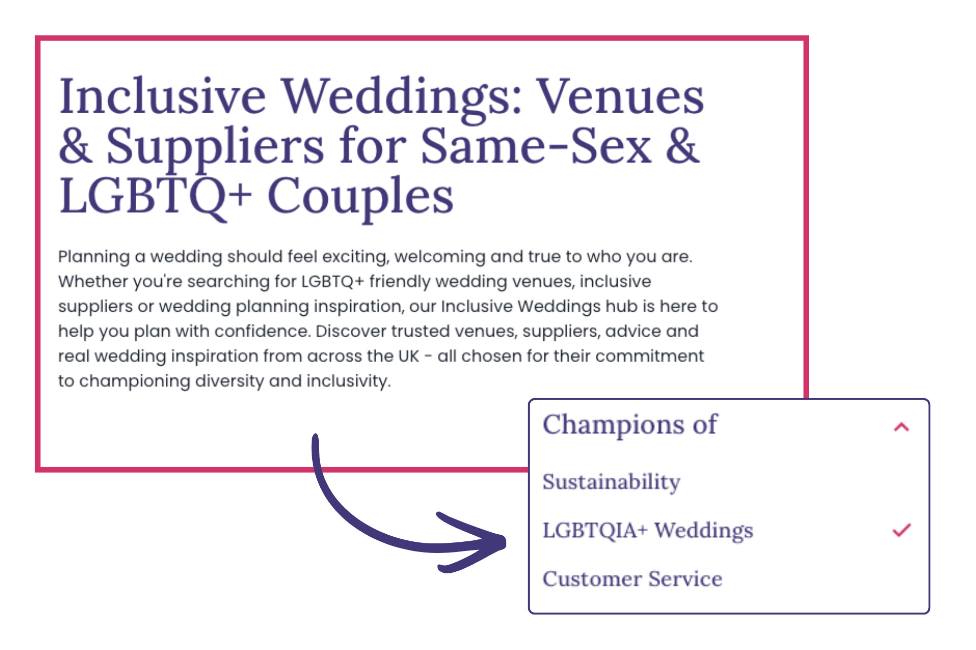 Champions of LGBTQIA+ Weddings filter couples can use when searching for wedding venues and suppliers