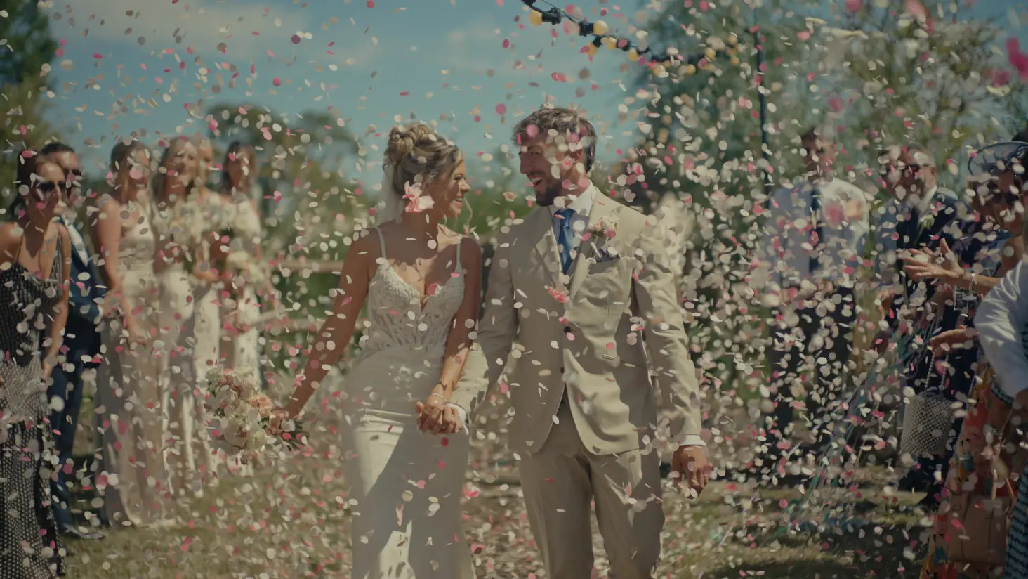 wedding couple exit with confetti