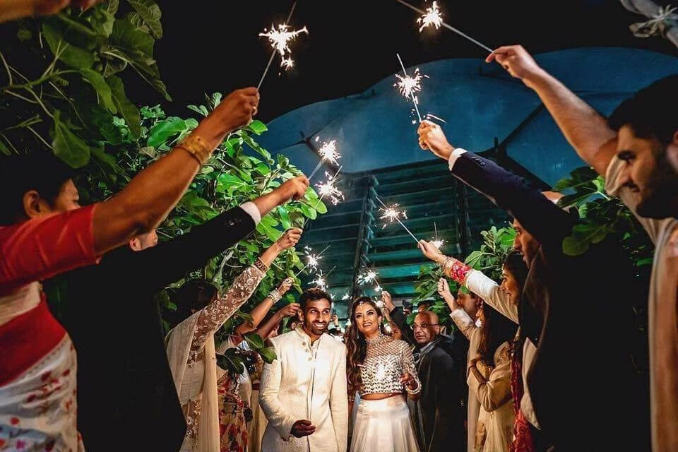 Sparkler exit during Asian wedding at the Eden Project in Cornwall