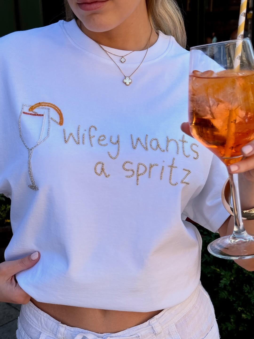 six stories post wedding outfit "wifey wants a spritz"