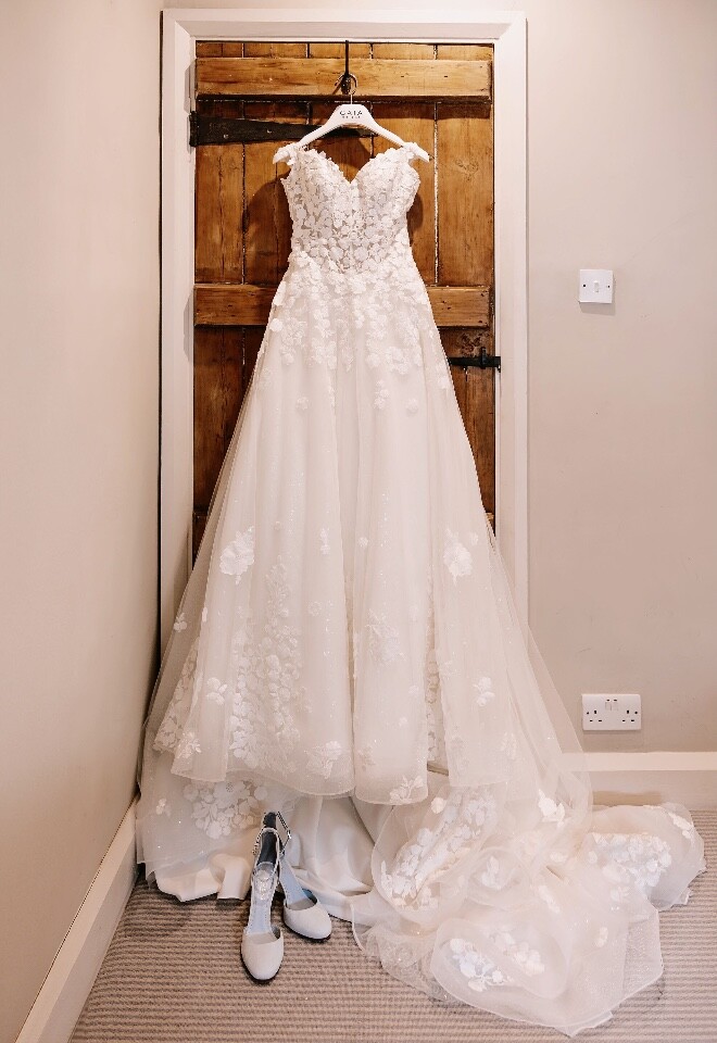 wedding dress hung up