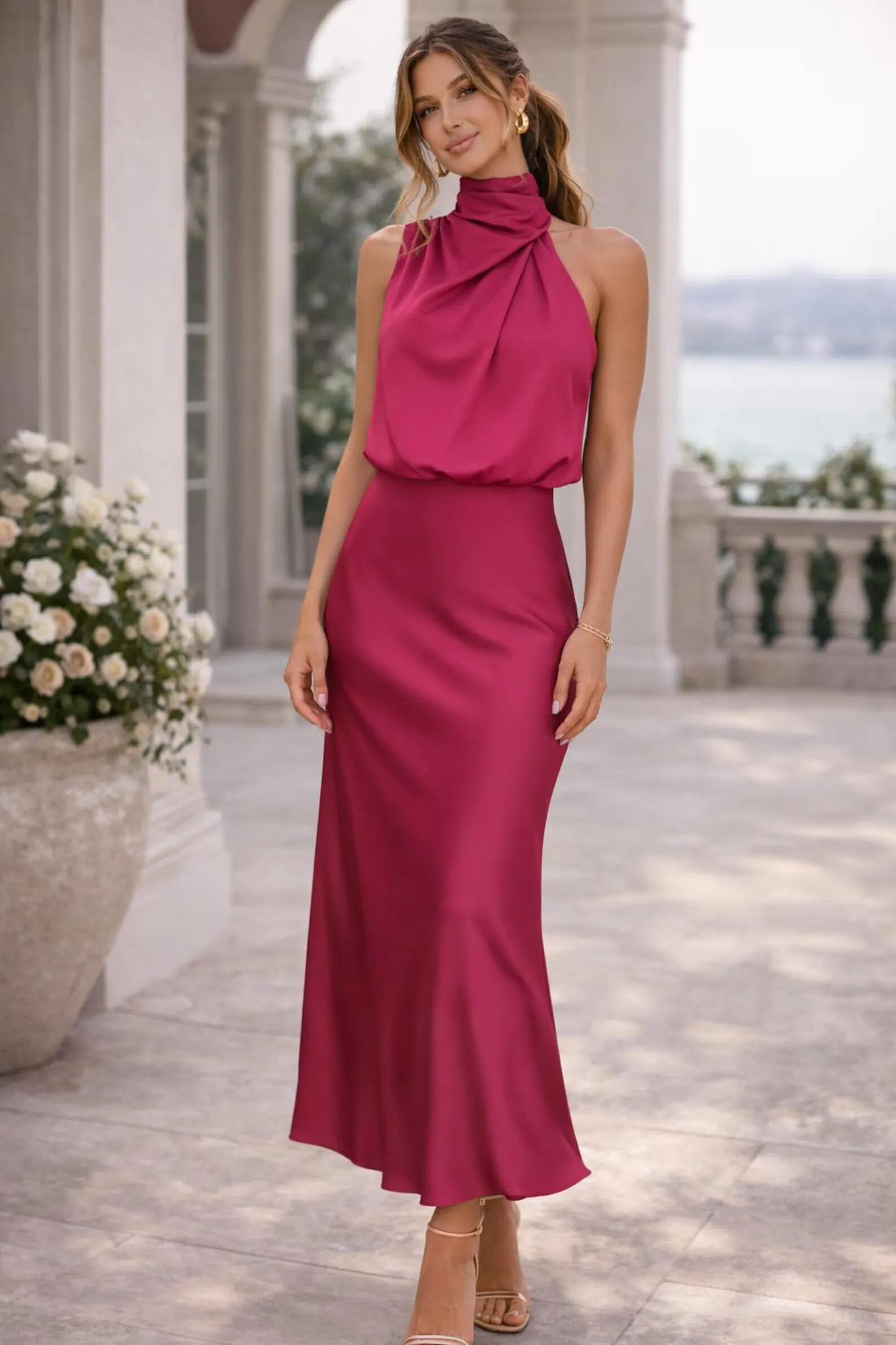 Woman wearing a rose satin halter midi dress with a draped neckline, fitted waist and flowing skirt, standing outdoors beside a stone building and floral arrangement.