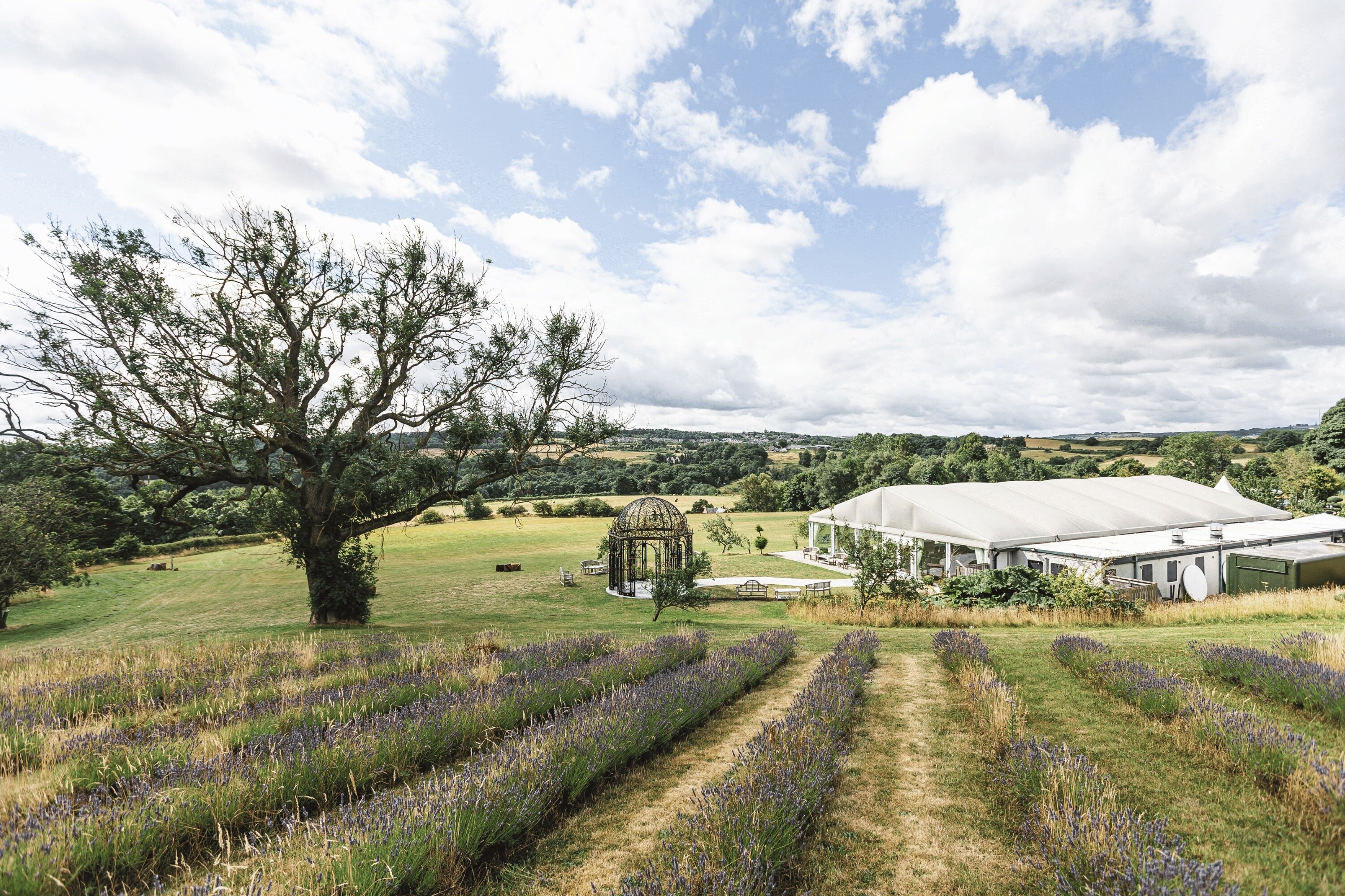 Wedding marquee venue with countryside views and lavender fields at Red Row Estate