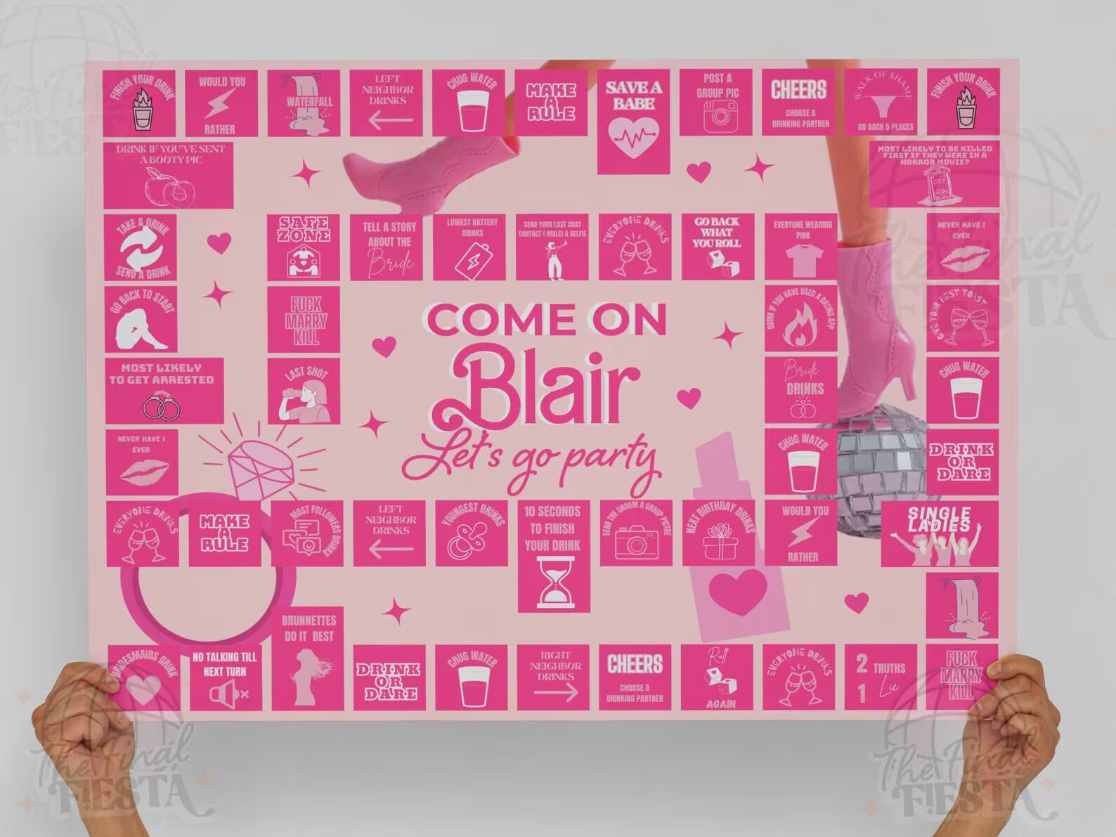 Pink Barbie-inspired hen party drinking game board with fun dares, cocktails and bachelorette party challenges for a girls’ night celebration.