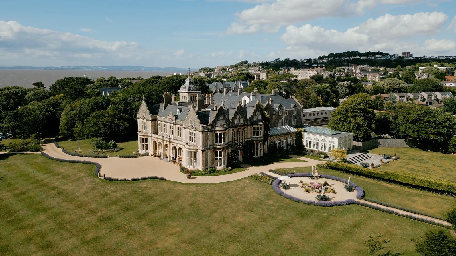Drone shot of exterior of Bristol and Somerset wedding venue, Clevedon Hall