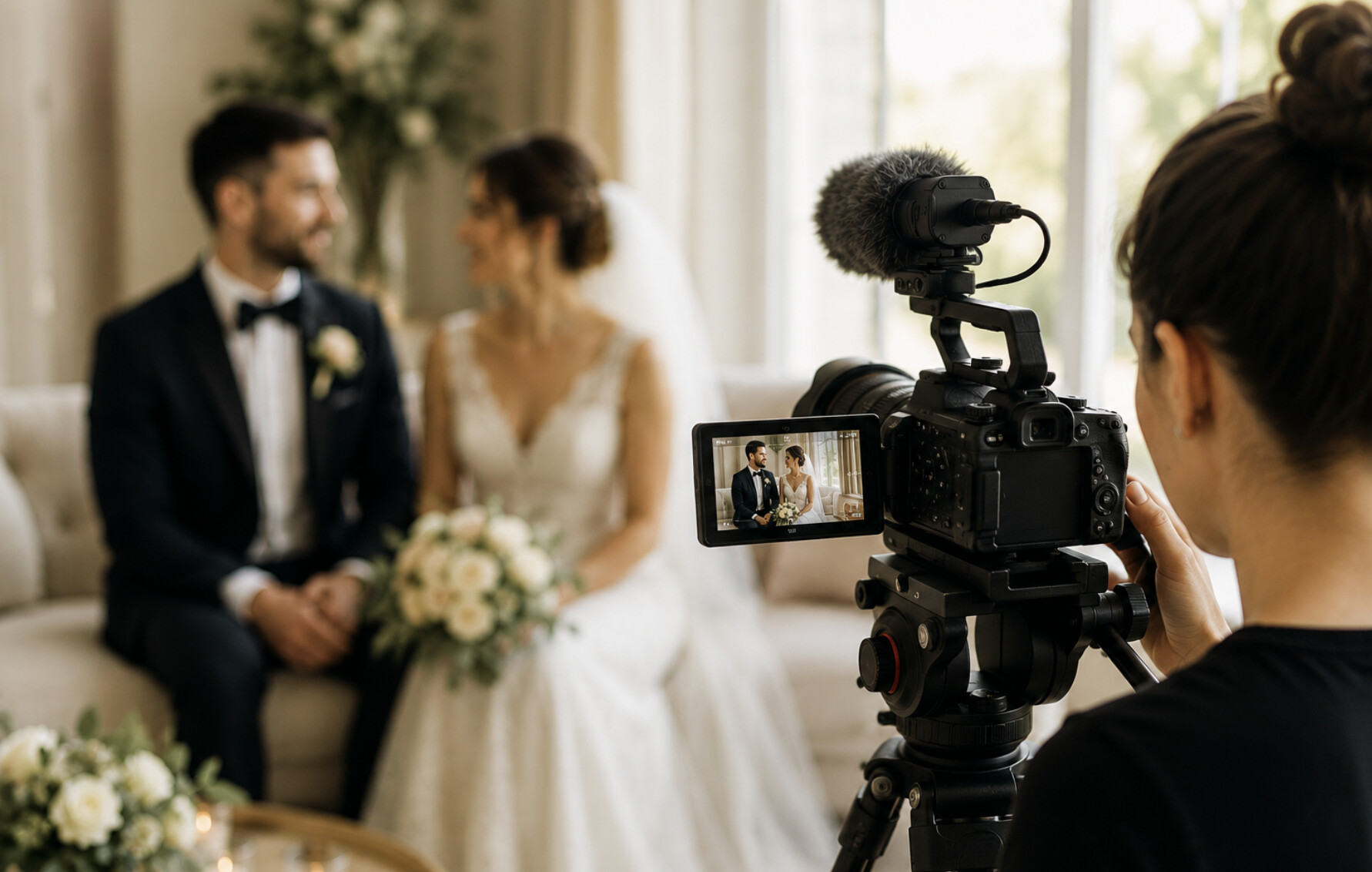 A woman recording a couple on a sofa, in wedding attire