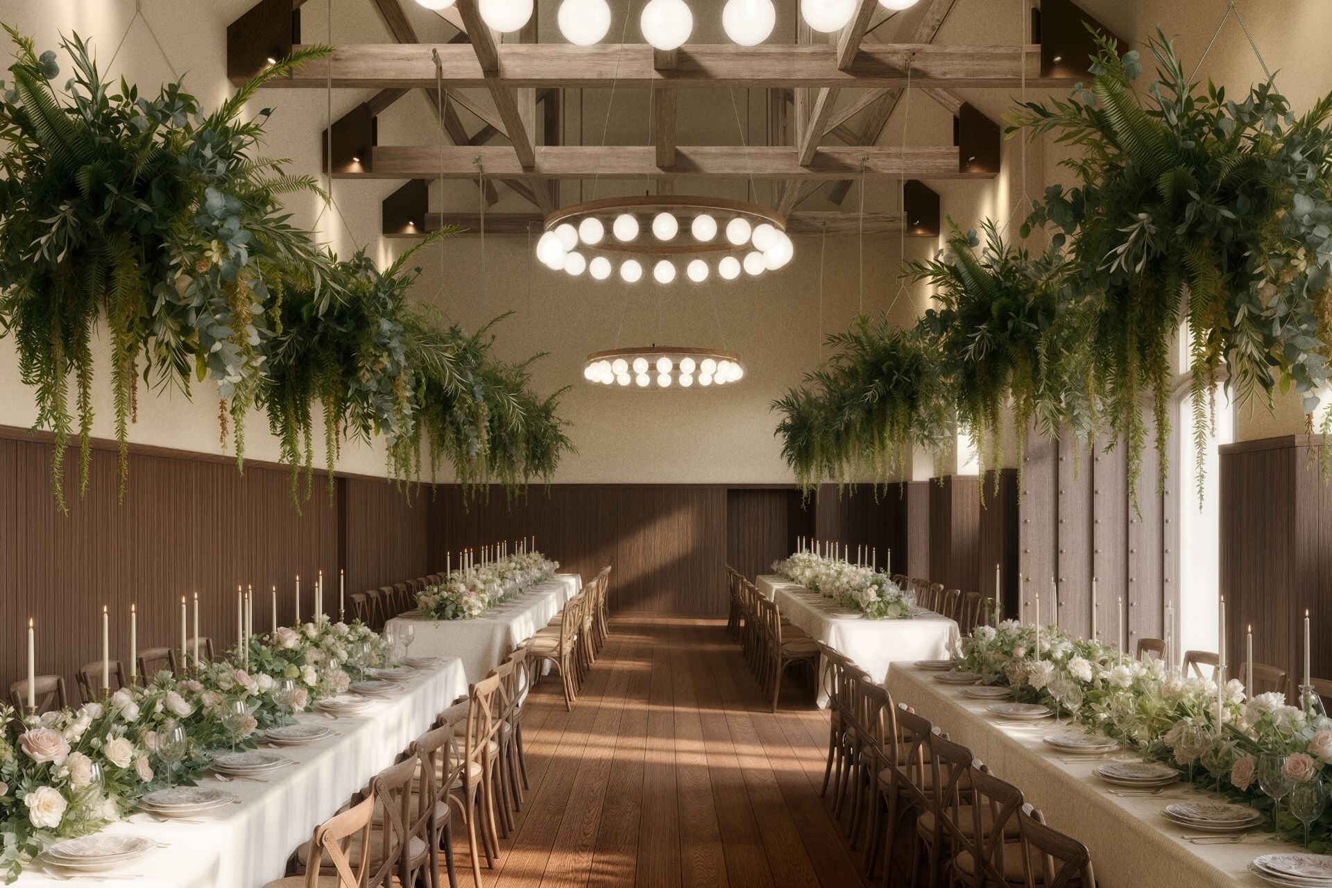 Wedding breakfast setup in The Coachhouse at Duke’s Yard with hanging greenery and banquet tables