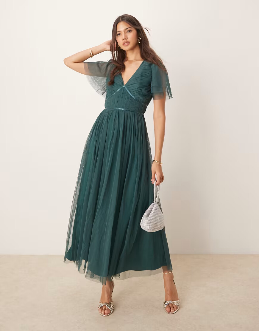 Emerald green v-neck bridesmaid maxi dress with flutter sleeves