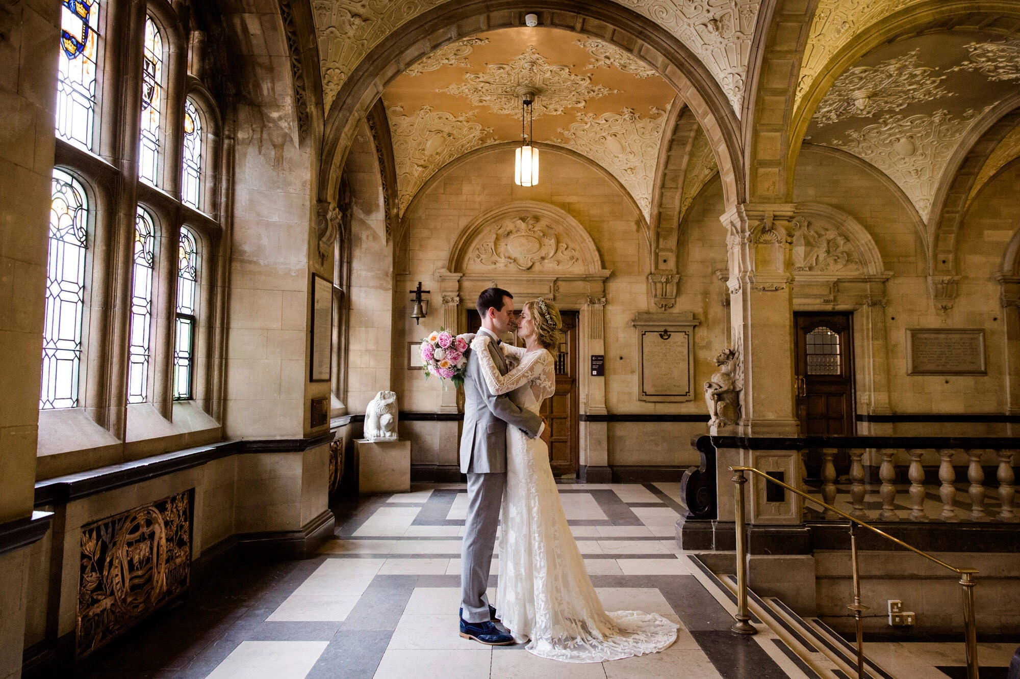 Interior of Oxford Town Hall with wedding couple