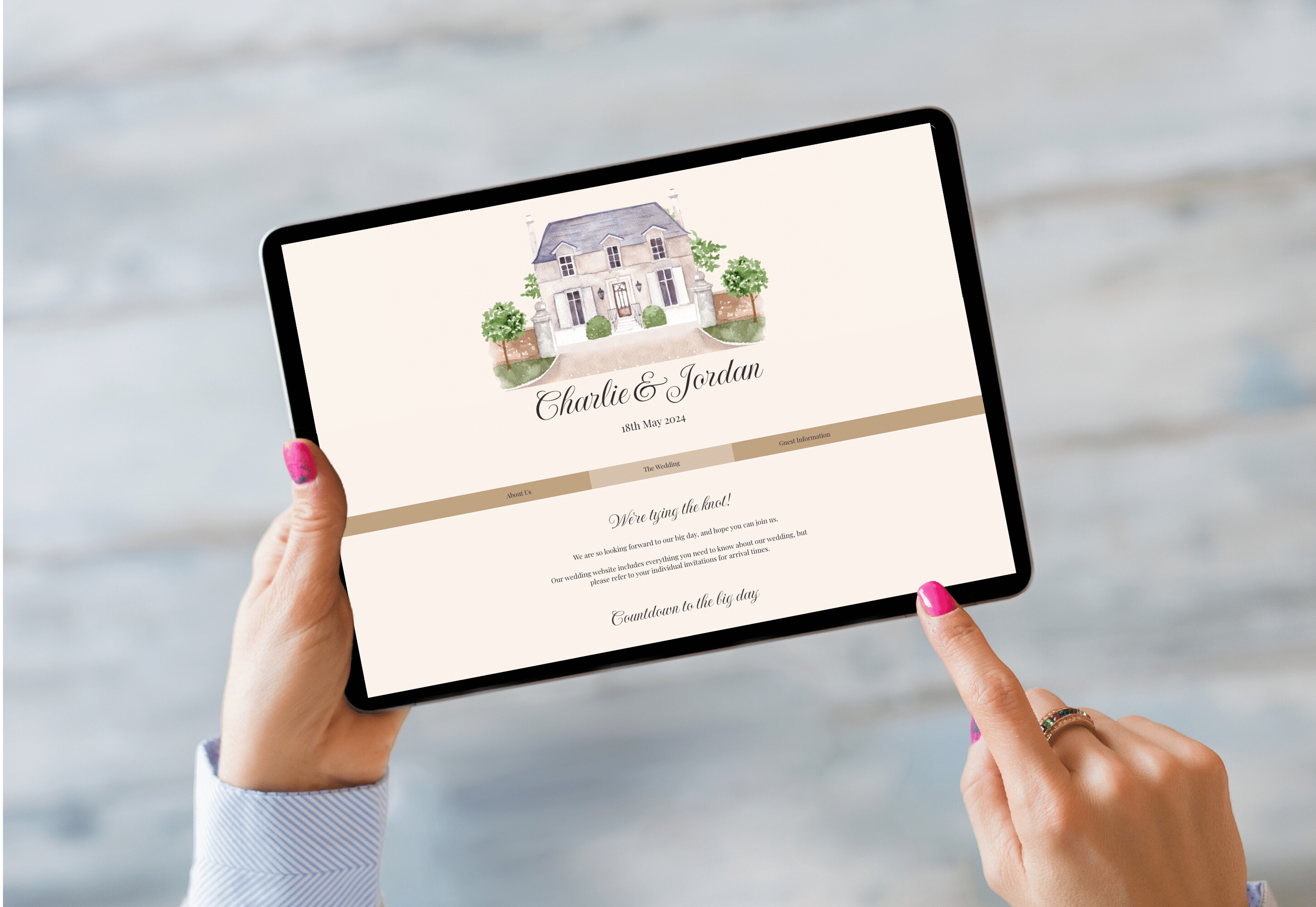 Getting Married wedding website displayed on tablet with personalised couple names, wedding date and illustrated venue design.