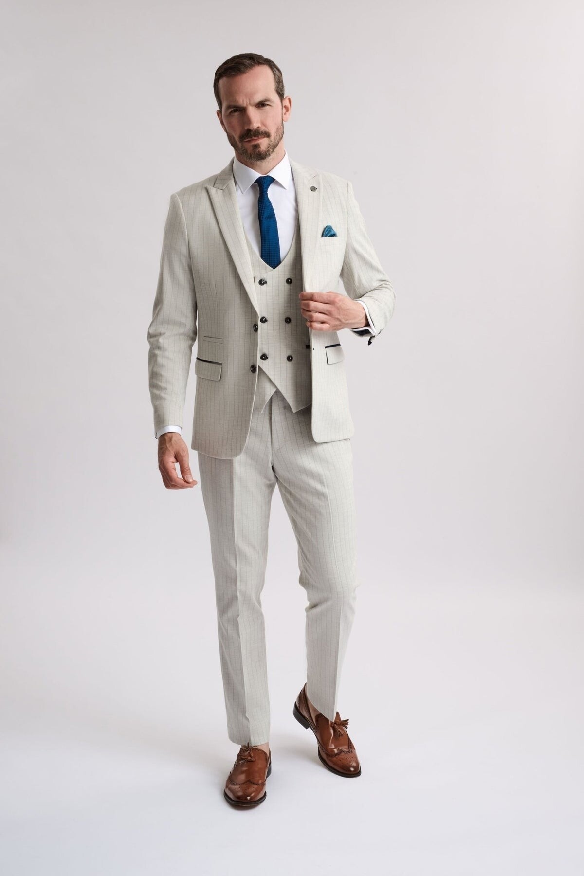 Santoro Milan Grant Stone Pinstripe Double Breasted 3 Piece Suit