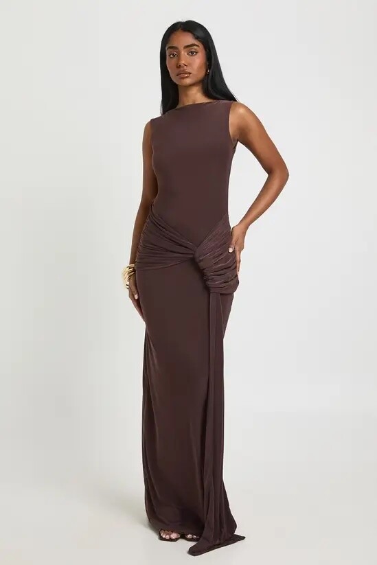 chocolate brown sleeveless wrap bridesmaid dress with full length skirt for winter wedding indoor venue