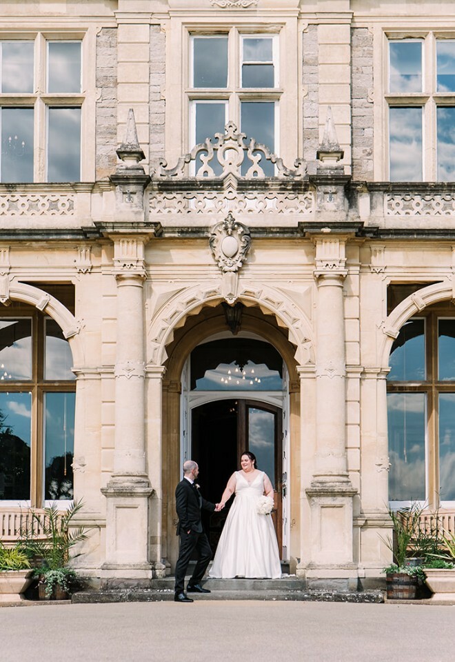 Bride and groom outside of Clevedon Hall