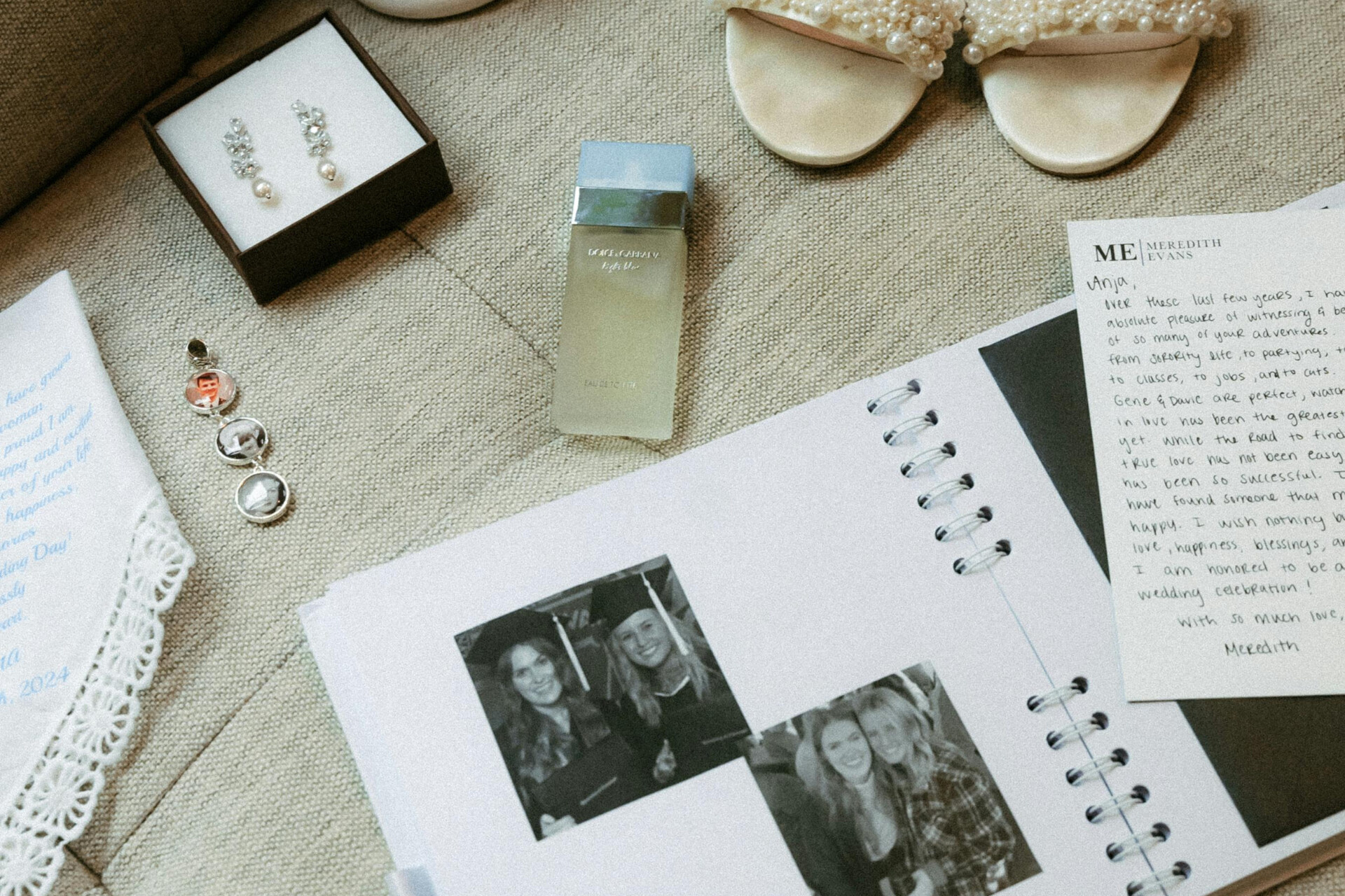 Wedding keepsake inspiration, photographs and personal mementos prepared for a wedding celebration