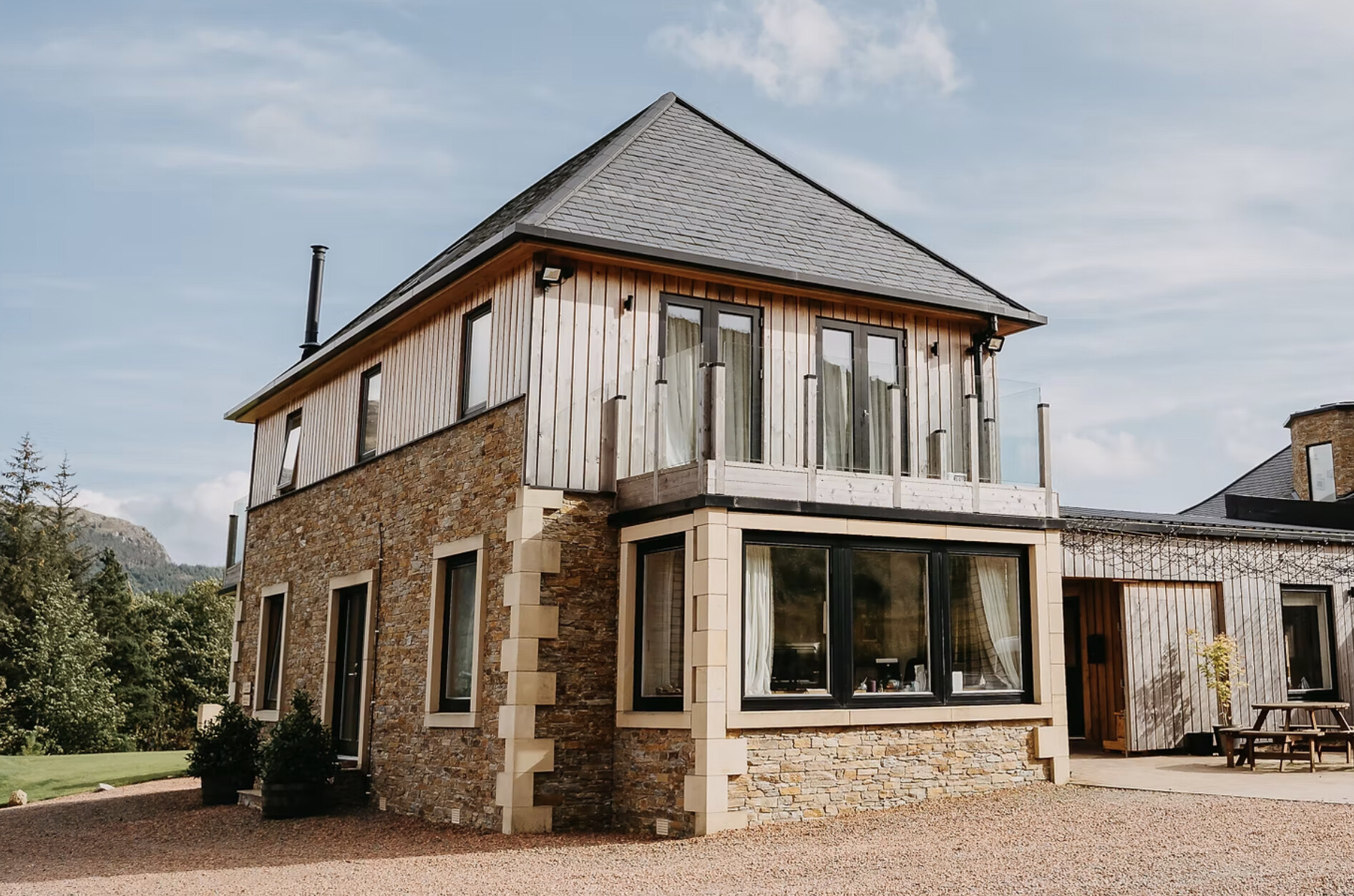 Exterior of the luxury lodges at Carrick Castle Estate