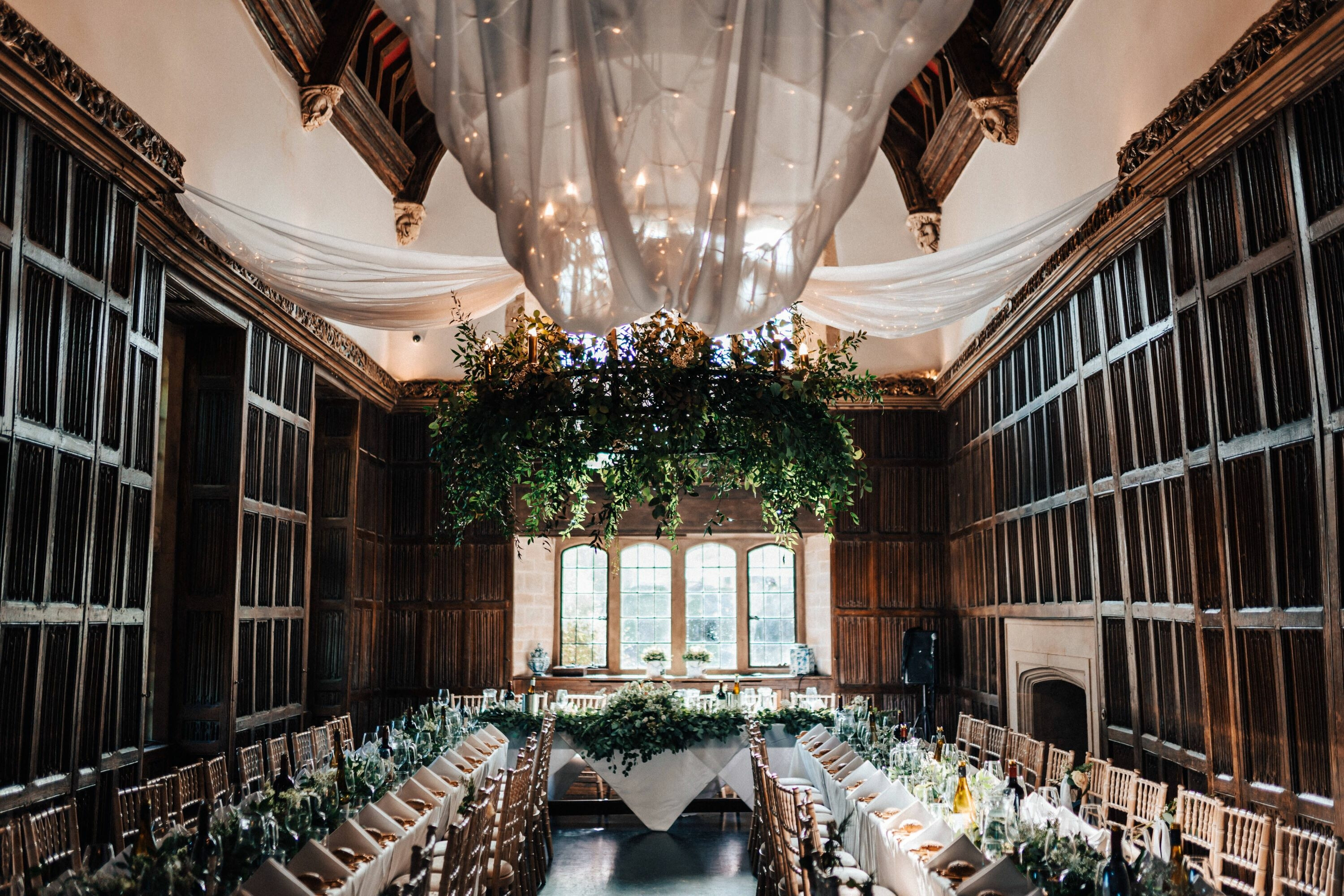 Interior of Oxfordshire venue, Weston Manor, set for wedding breakfast