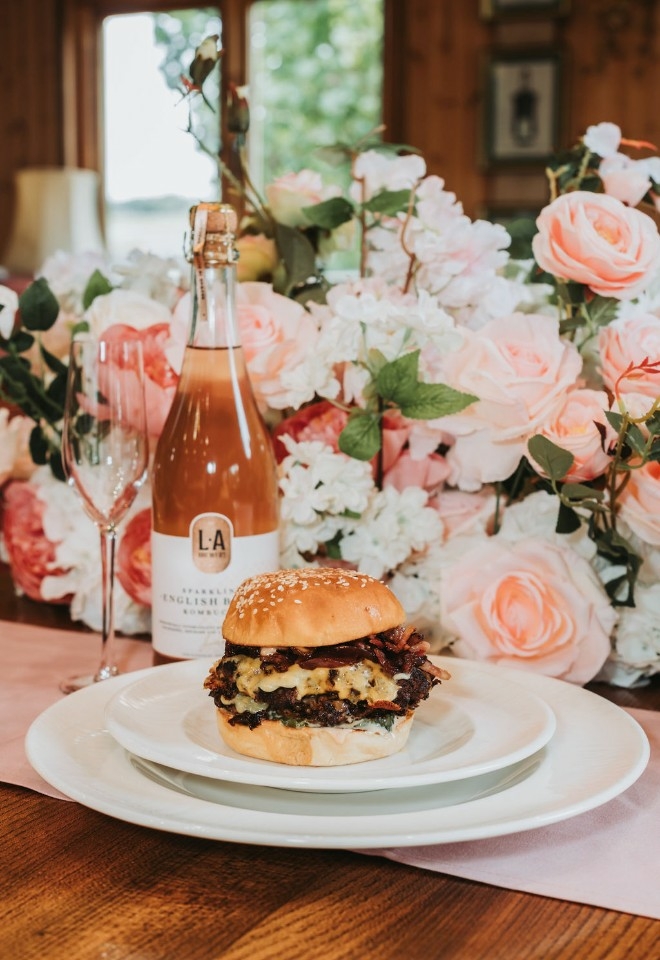 Burger and Wine on the table