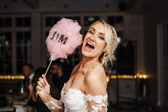 Bride with Personalised candyfloss on her wedding day