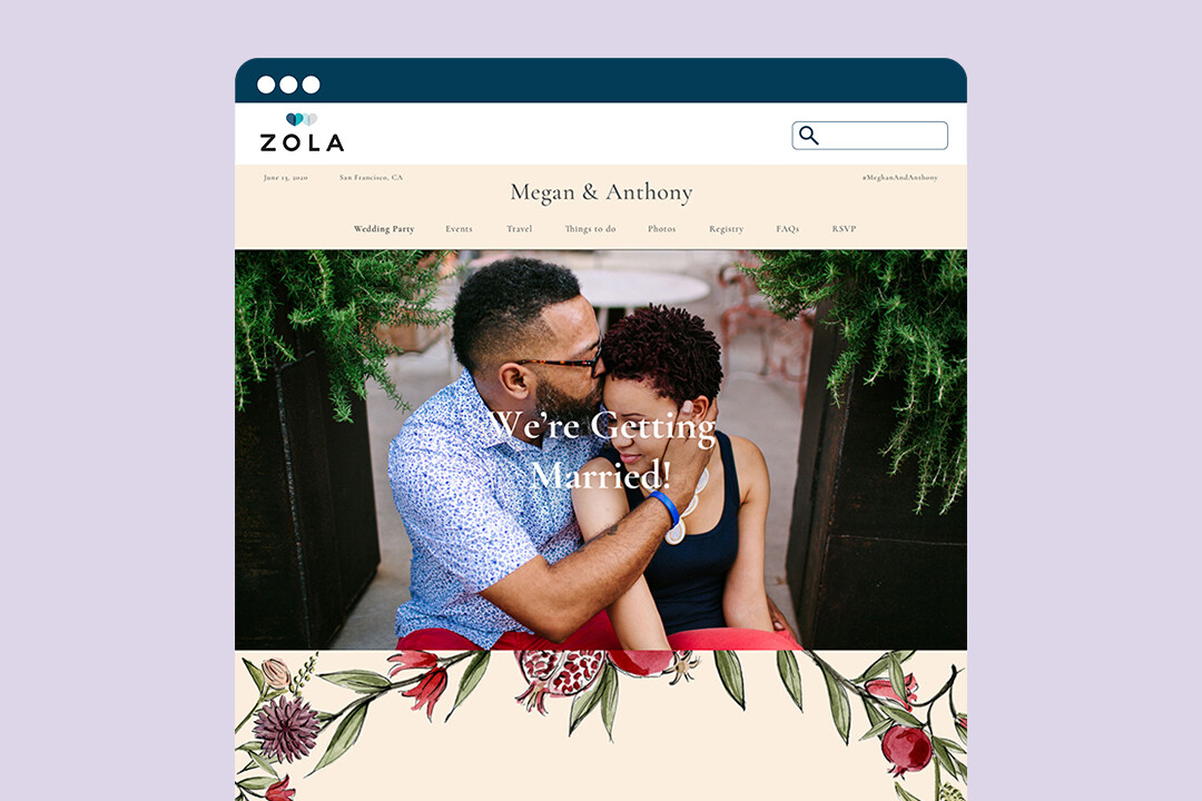 Zola wedding website homepage with personalised couple names, navigation menu and engagement photo banner.