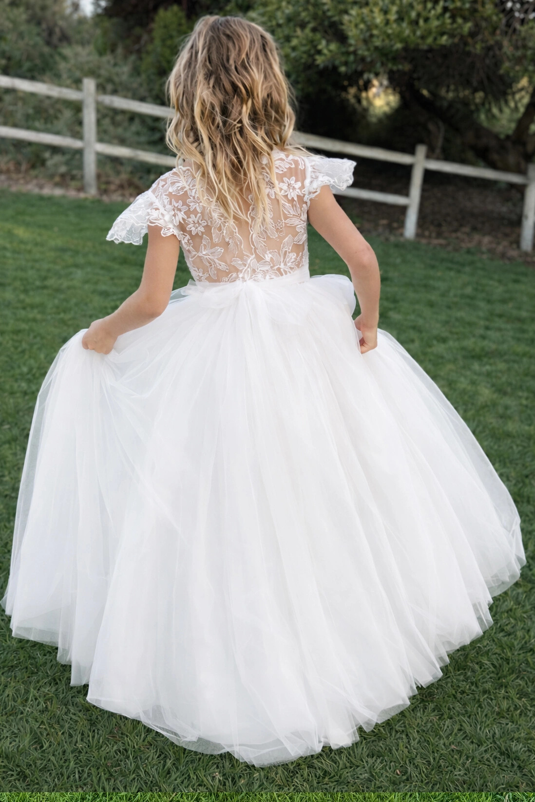 Long floral lace ivory flower girl dress