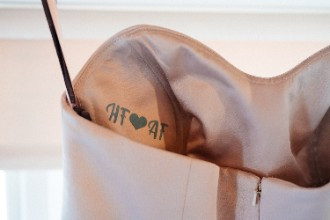 Wedding dress with blue initials inside bust