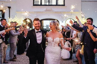 Melissa and James Bunn sparkler exit at their wedding at Swynford Manor