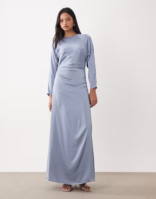 dusty blue long sleeve satin bridesmaid dress with full length skirt and high neckline for winter wedding