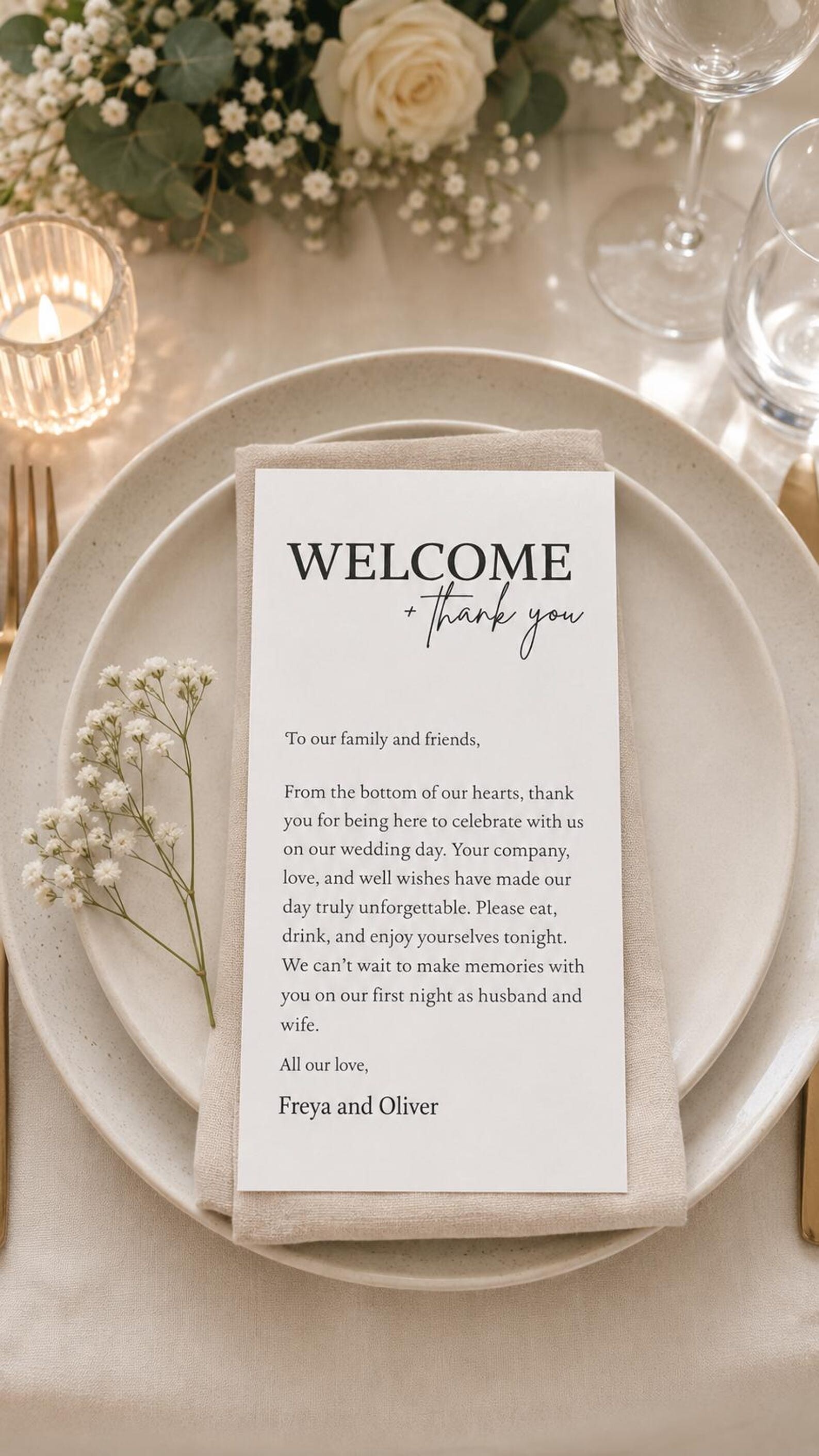 Minimalist Linen Napkin Inspired Personalised Wedding Thank You Card