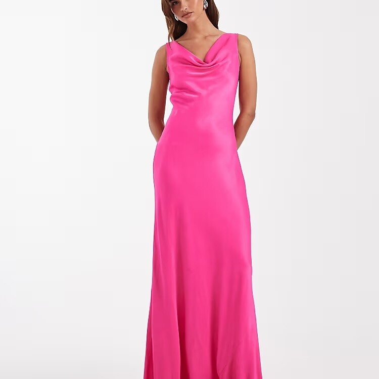 Hot pink cowl neck bridesmaid maxi dress for a spring wedding