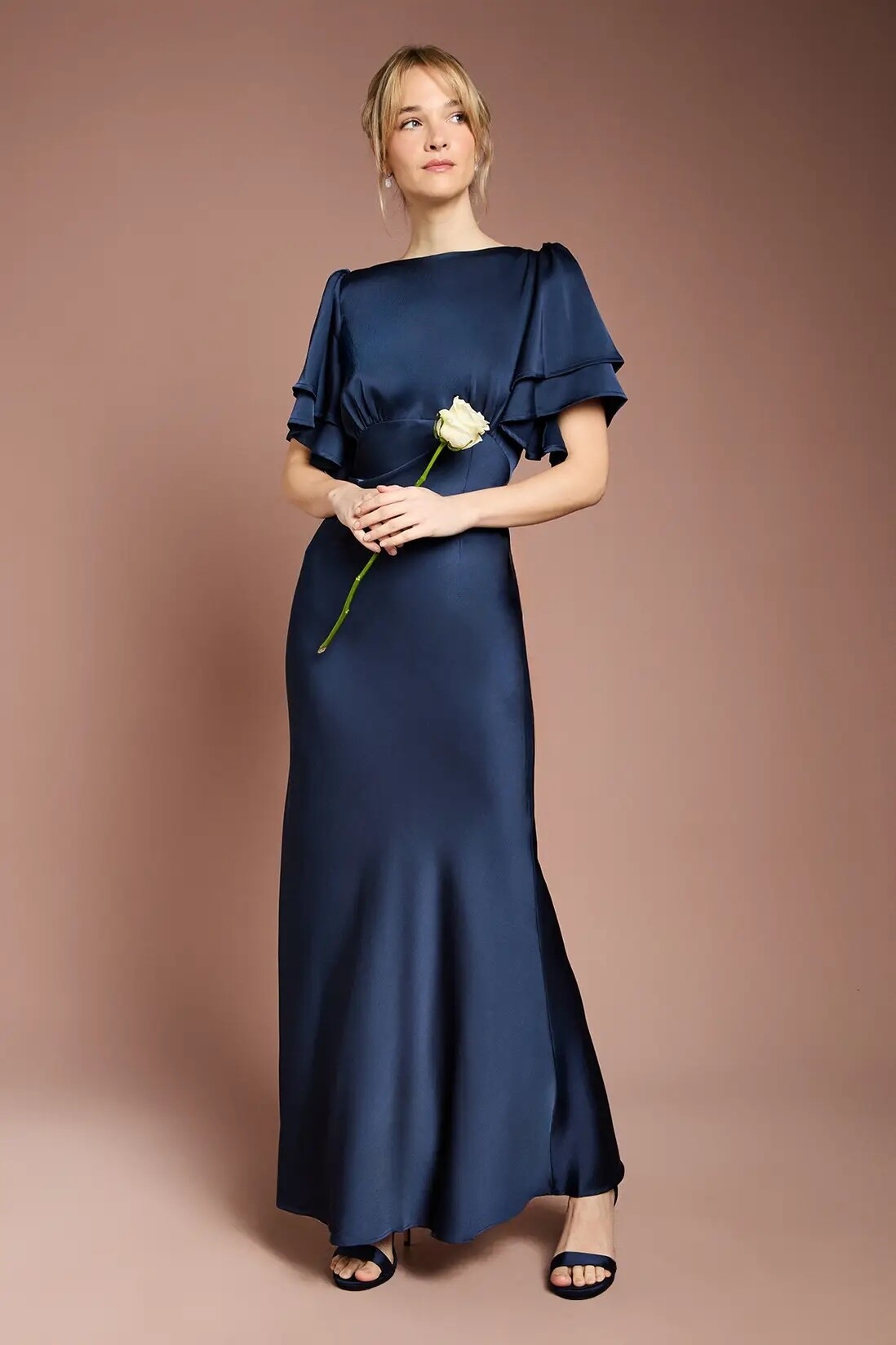navy satin bridesmaid dress with high neckline and flutter sleeves for winter wedding