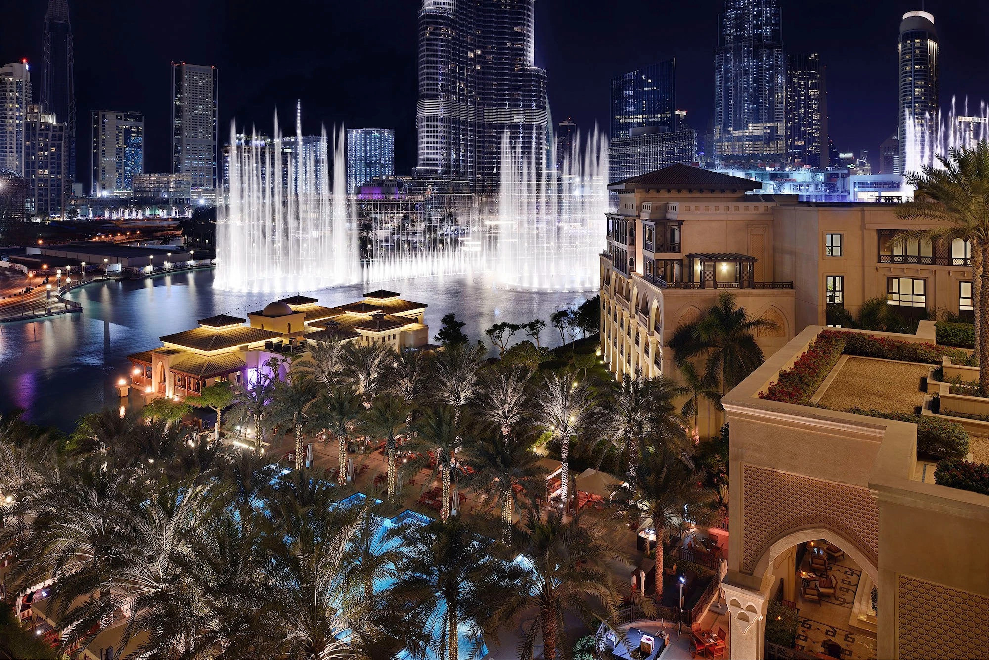 Exterior of Palace Downtown Dubai overlooking The Dubai Fountain and Burj Khalifa