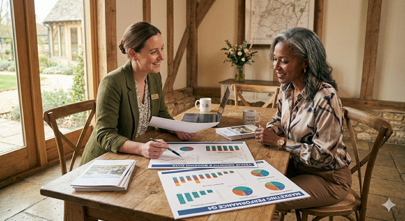 A wedding marketer and a General Manager of a wedding venue sit at a wooden table, smiling while reviewing marketing performance graphs and booking data.