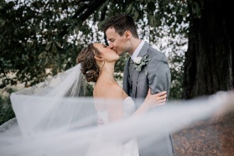Ardington House bride and groom veil shot