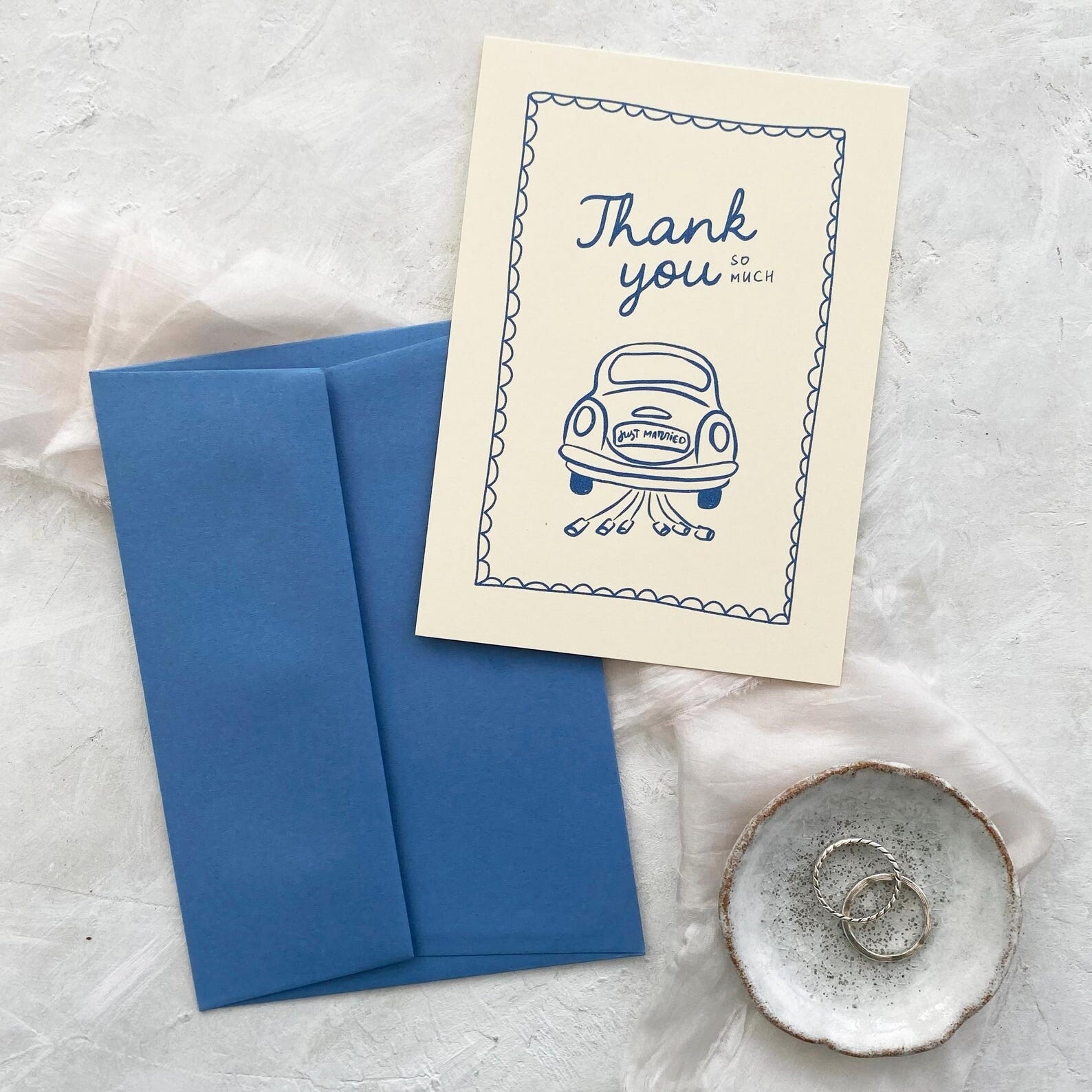 Just Married Vintage Car Drawing Wedding Thank You Card