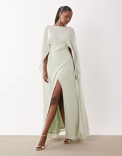 sage green chiffon bridesmaid dress with cape sleeves and full length skirt for winter wedding