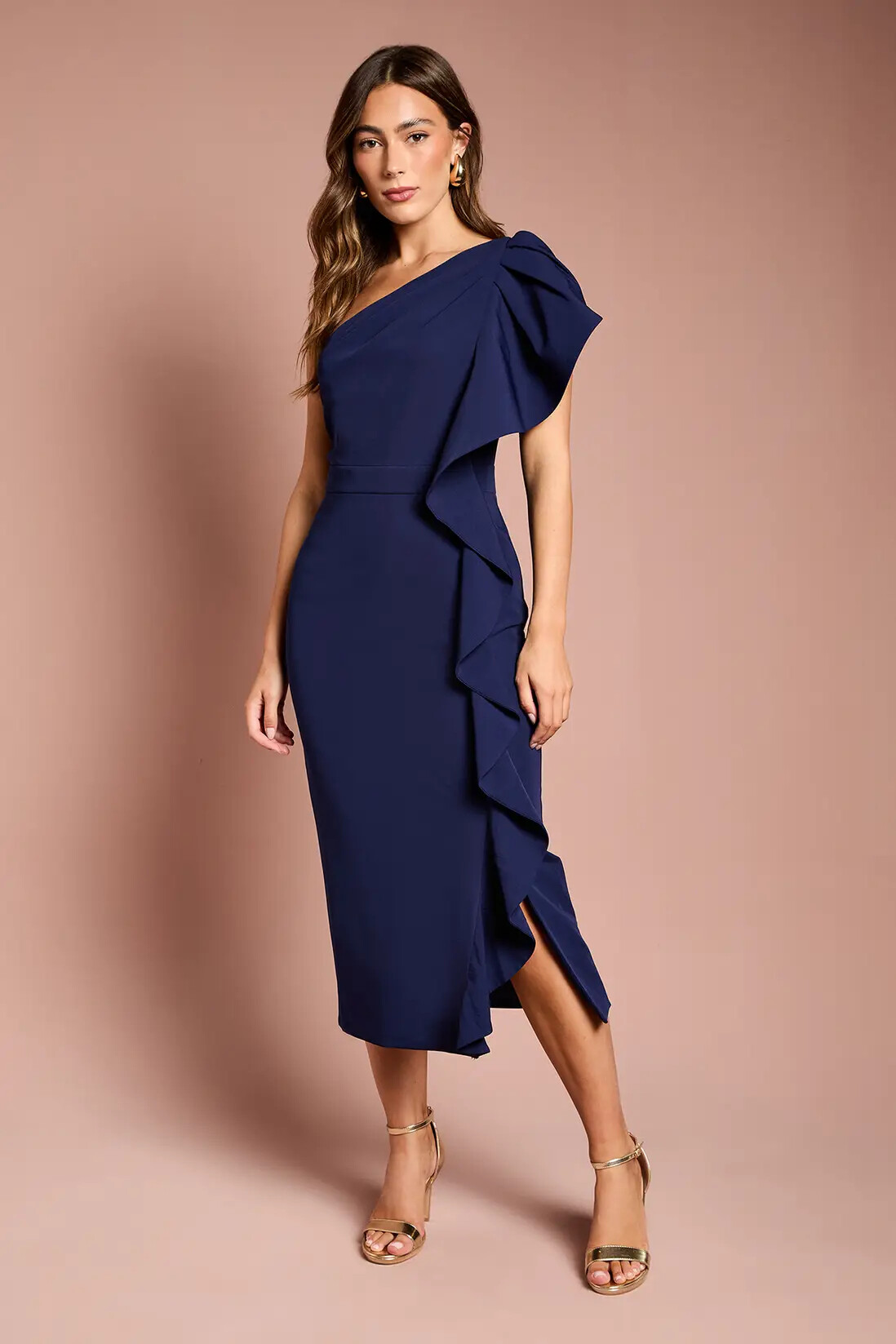 Model wearing Navy blue dress 
