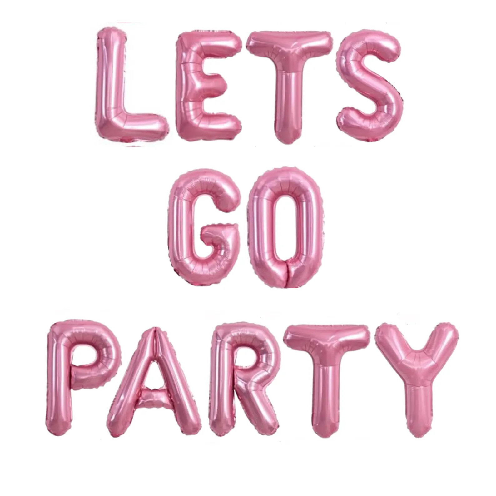 Pink foil balloon letters spelling “Let’s Go Party”, perfect for a Barbie-themed hen party decoration or photo backdrop.