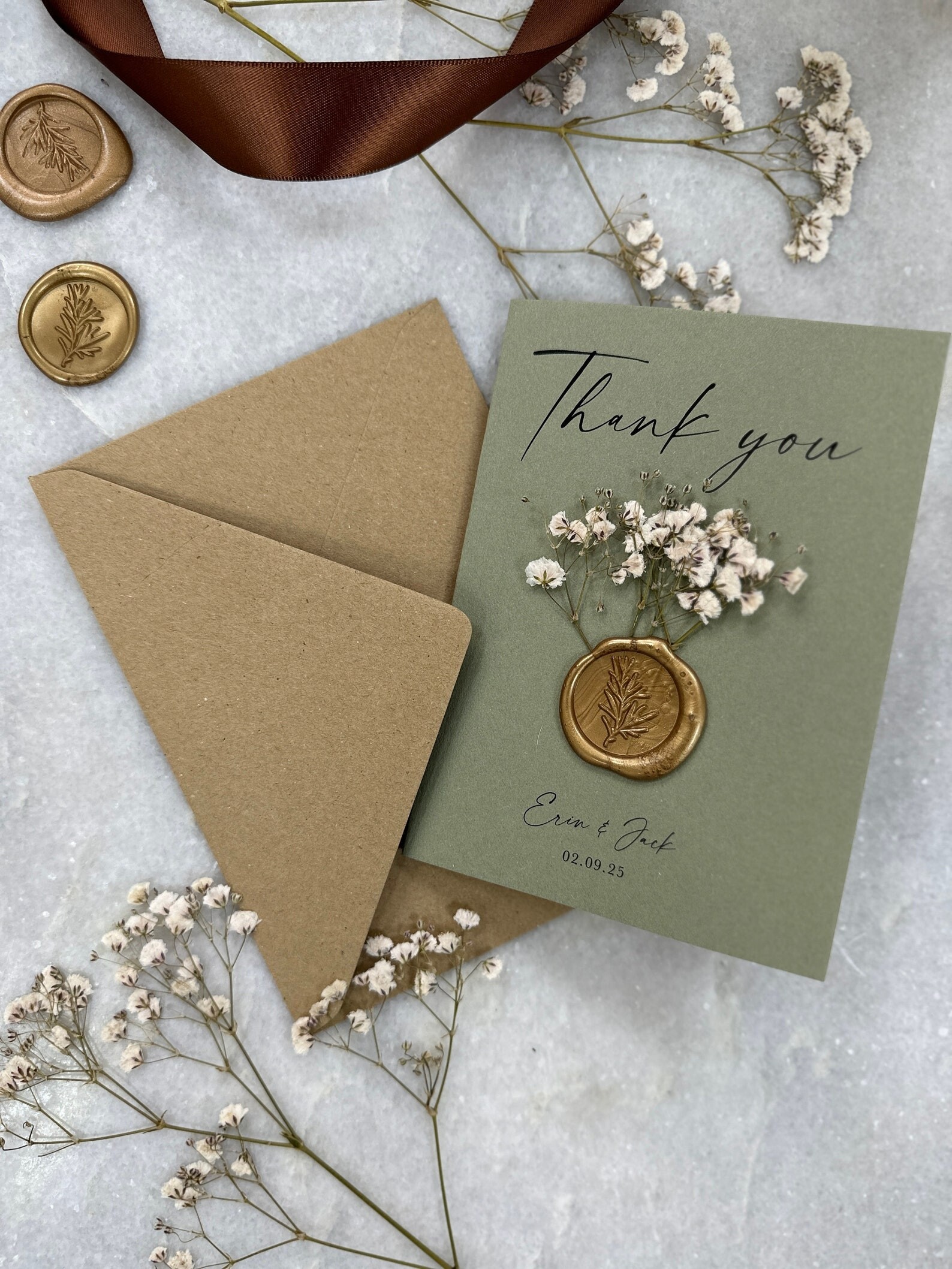 Sage Green and Gold Gypsophila Personalised Wedding Thank You Card